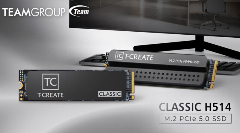 SSD T-CREATE CLASSIC H514 en diseño elegante, presentado con fondo claro y monitor, destacando detalles en negro y amarillo.