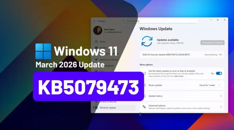 Logotipo de Windows 11 junto a la ventana de actualización, destacando el número de actualización KB5079473 en un fondo colorido.