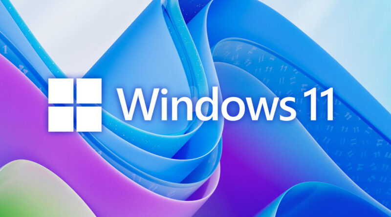 Fondo suave en tonos azules y morados con el logo de Windows y el texto "Windows 11" en un estilo moderno y limpio.