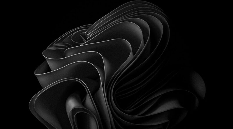 Diseño abstracto en tonos negros, con formas fluidas y onduladas que se entrelazan en un fondo oscuro.