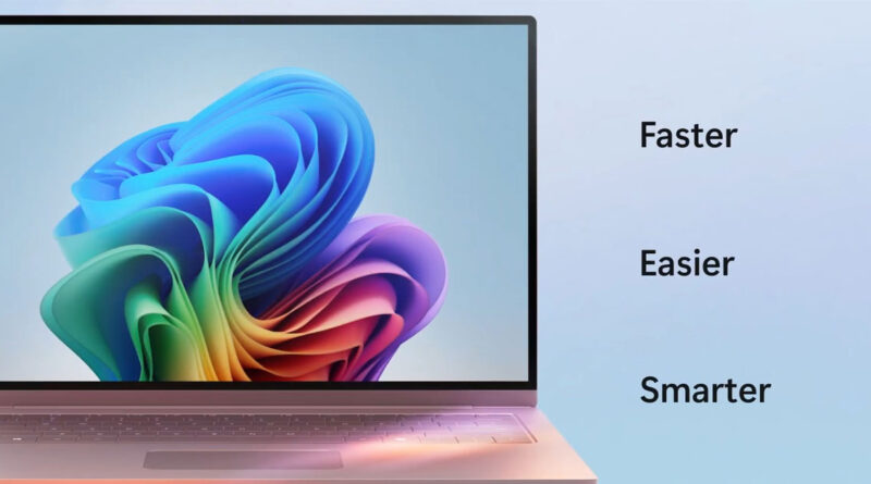 Laptop con pantalla que muestra un diseño abstracto en tonos azules y morados, junto a las palabras "Faster", "Easier", "Smarter".
