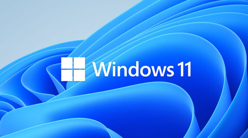 Fondo azul claro con ondas suaves y el logotipo de Windows 11 en blanco, mostrando un diseño moderno y minimalista.