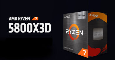 Caja del procesador AMD Ryzen 7 5800X3D, con colores negro, naranja y plata, destacando el logo de Ryzen y el nombre del modelo.