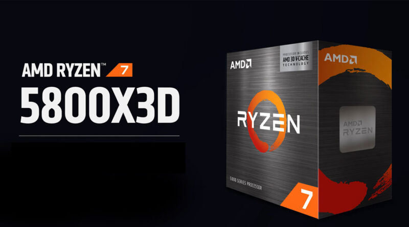 Caja del procesador AMD Ryzen 7 5800X3D, con colores negro, naranja y plata, destacando el logo de Ryzen y el nombre del modelo.