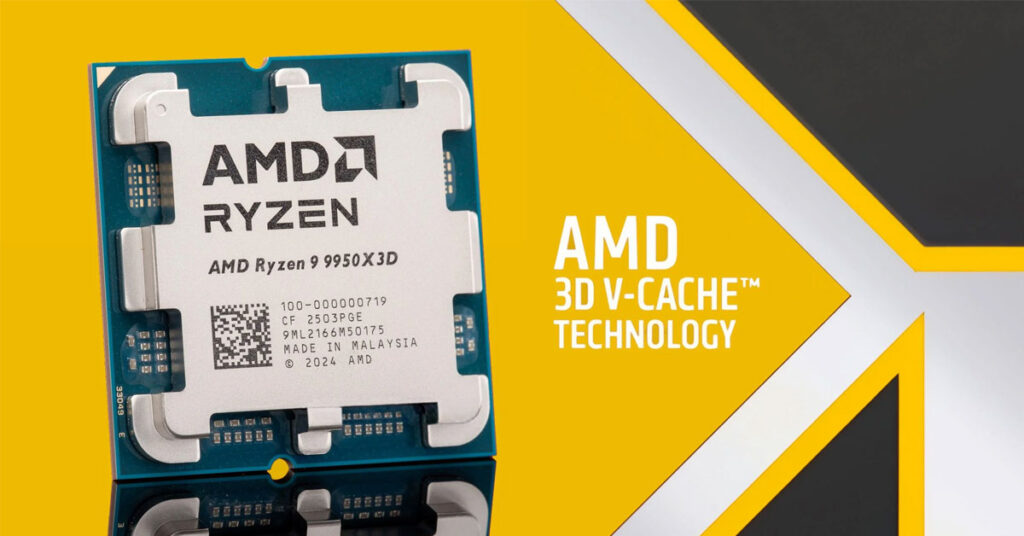 Procesador AMD Ryzen 9 9950X3D sobre fondo amarillo, destacando su diseño y la tecnología 3D V-Cache.