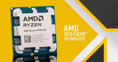 Procesador AMD Ryzen 9 9950X3D sobre fondo amarillo, destacando su diseño y la tecnología 3D V-Cache.