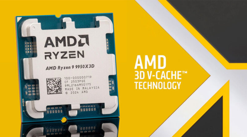 Procesador AMD Ryzen 9 9950X3D sobre fondo amarillo, destacando su diseño y la tecnología 3D V-Cache.