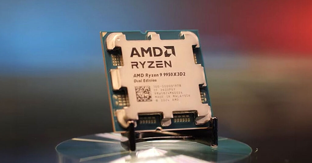 Procesador AMD Ryzen 9 9950X3D2 en un soporte, con fondo de colores azul y rojo, resaltando detalles del componente.