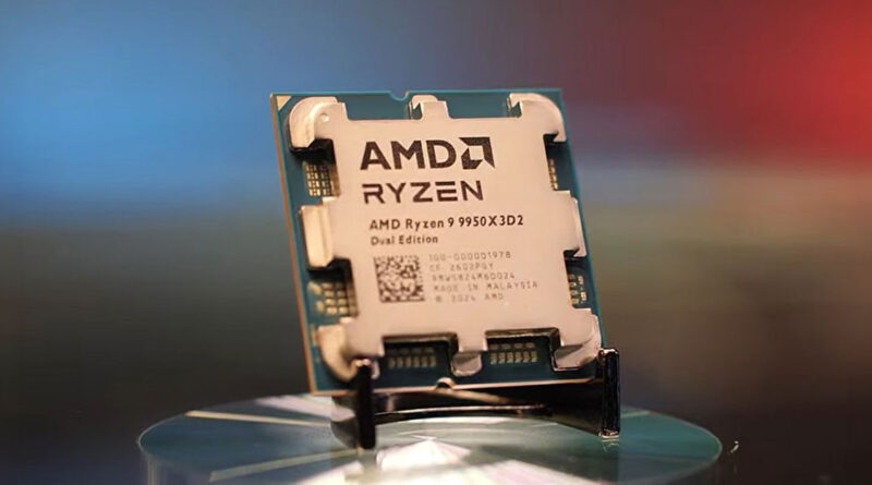 Procesador AMD Ryzen 9 9950X3D2 en un soporte, con fondo de colores azul y rojo, resaltando detalles del componente.