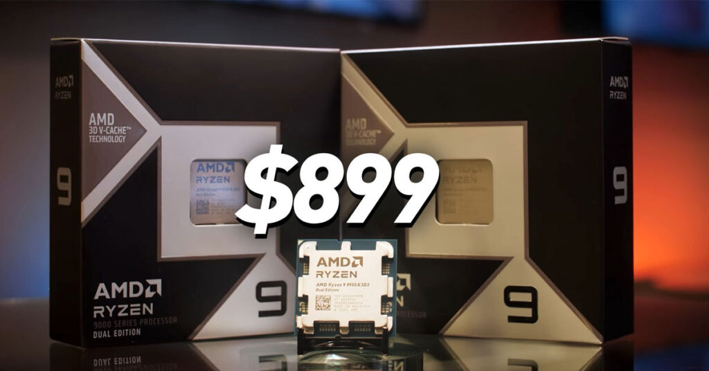 Dos cajas del procesador AMD Ryzen 9 9950X3D, con un chip en primer plano, el precio destacado de $899 en el centro.