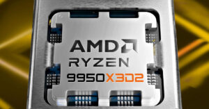 Procesador AMD Ryzen 9 9950X3D2 en un marco metálico, con el logo en negro y naranja sobre un fondo abstracto amarillo.