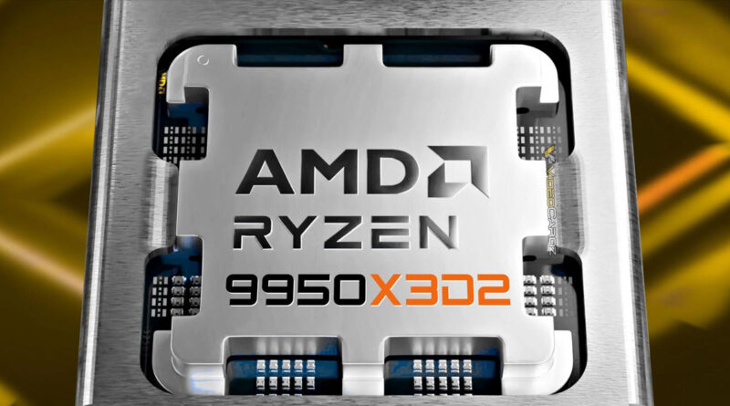 Procesador AMD Ryzen 9 9950X3D2 en un marco metálico, con el logo en negro y naranja sobre un fondo abstracto amarillo.