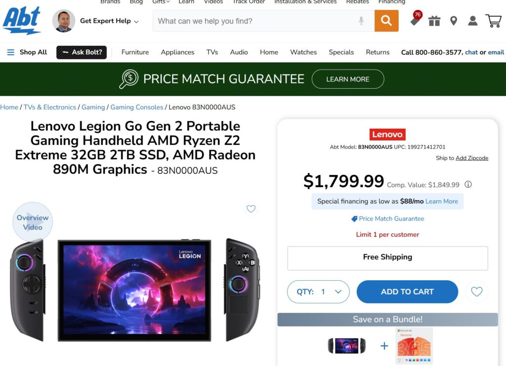 Controlador de juego portátil Lenovo Legion Go Gen 2, con AMD Ryzen Z2, 32GB SSD y gráficos AMD Radeon 890M. Fondo blanco.