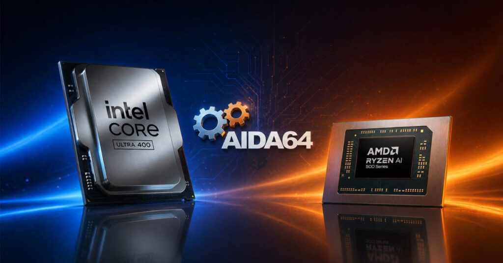 Procesadores Intel Core y AMD Ryzen AI en un fondo azul y naranja, con el logo de AIDA64 centrado entre ellos.