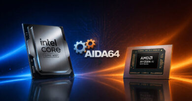 Procesadores Intel Core y AMD Ryzen AI en un fondo azul y naranja, con el logo de AIDA64 centrado entre ellos.