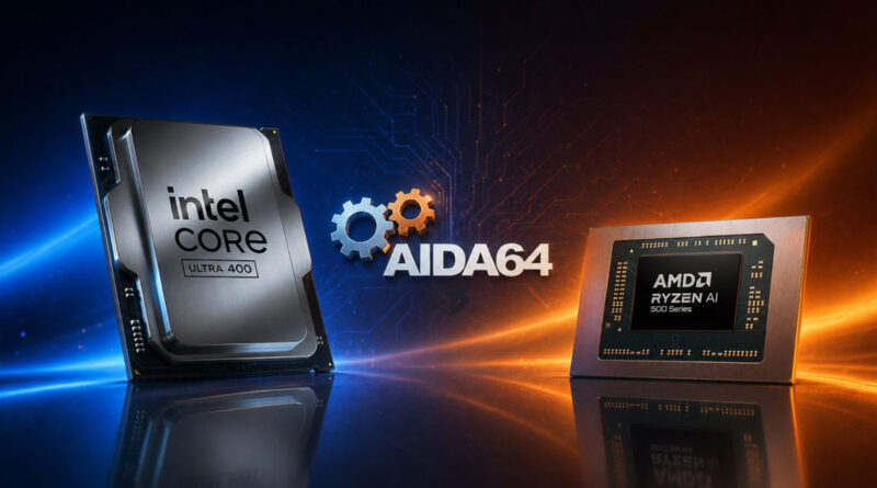 Procesadores Intel Core y AMD Ryzen AI en un fondo azul y naranja, con el logo de AIDA64 centrado entre ellos.