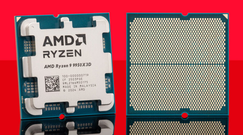Procesador AMD Ryzen 9 9950X3D con su carcasa en color plateado y fondo rojo, mostrando contactos dorados en la parte inferior.
