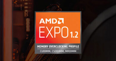 Logotipo de AMD EXPO 1.2 en fondo naranja, destacando las opciones de overclocking de memoria CuDIMM, CSODIMM y MRDIMM.