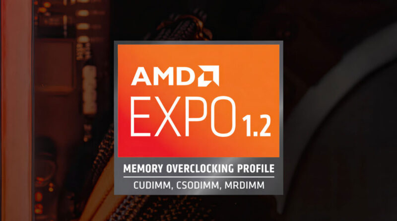 Logotipo de AMD EXPO 1.2 en fondo naranja, destacando las opciones de overclocking de memoria CuDIMM, CSODIMM y MRDIMM.