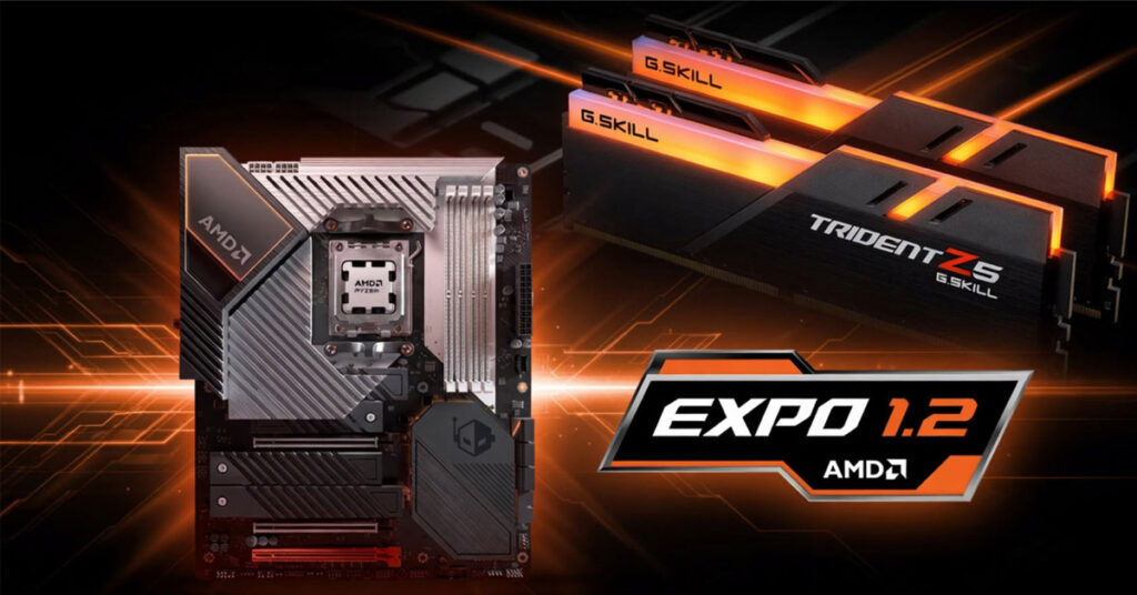 Placa base con el logo de AMD y memoria RAM G.Skill Trident Z5, fondo oscuro con detalles en naranja y logo de EXPO 1.2.