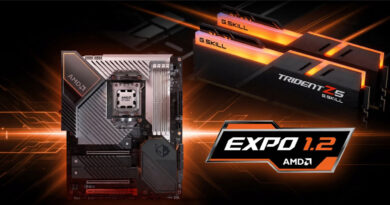 Placa base con el logo de AMD y memoria RAM G.Skill Trident Z5, fondo oscuro con detalles en naranja y logo de EXPO 1.2.