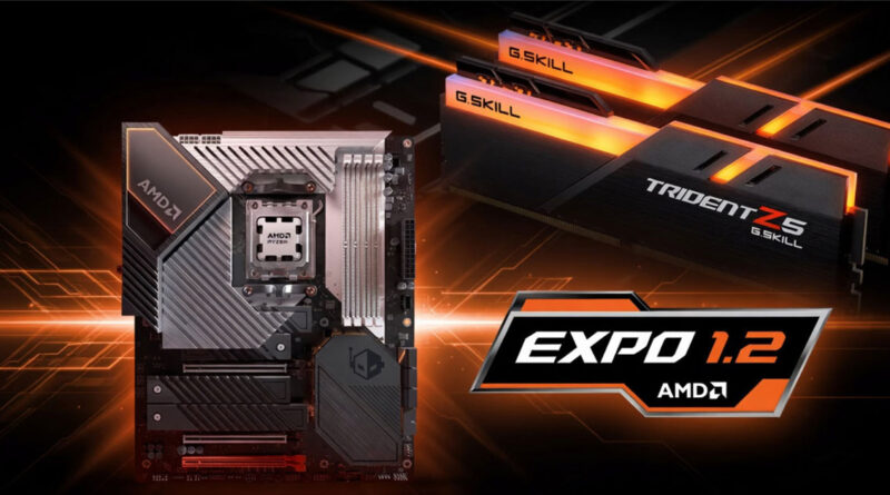 Placa base con el logo de AMD y memoria RAM G.Skill Trident Z5, fondo oscuro con detalles en naranja y logo de EXPO 1.2.