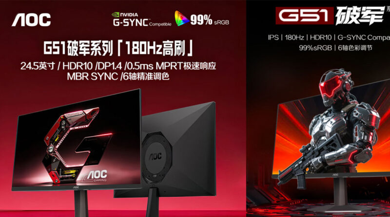 Monitor AOC de 24.5” con diseño moderno, especificaciones destacadas como 180Hz y colores vibrantes, junto a un personaje futurista.