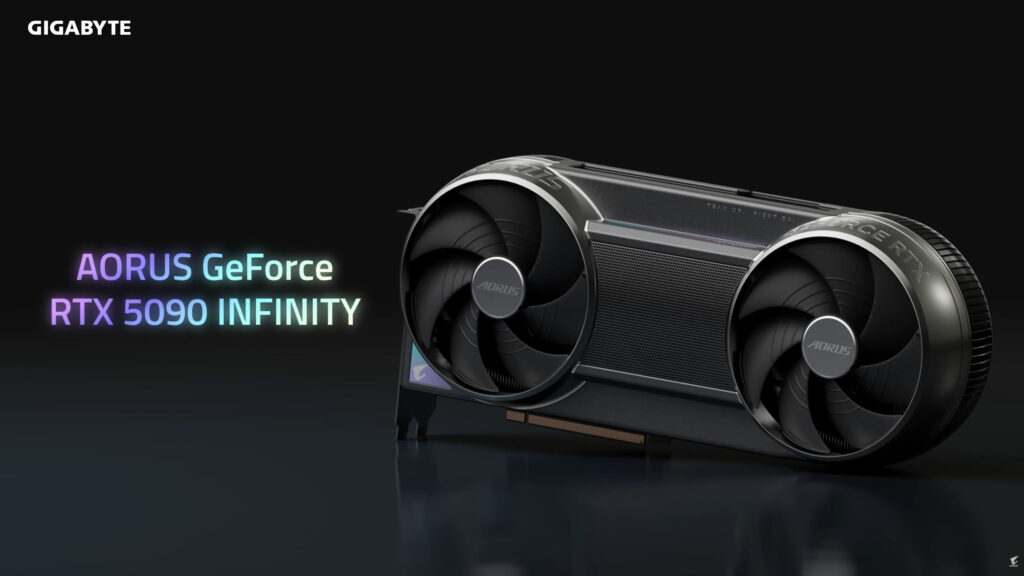 Tarjeta gráfica AORUS GeForce RTX 5090 INFINITY con diseño elegante, ventiladores prominentes y fondo oscuro.