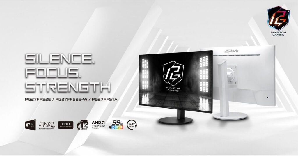 Dos monitores de 27” de ASRock, uno negro y otro blanco, con especificaciones destacadas y el logo de Phantom Gaming en un fondo claro.