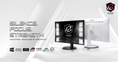 Dos monitores de 27” de ASRock, uno negro y otro blanco, con especificaciones destacadas y el logo de Phantom Gaming en un fondo claro.