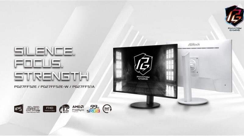 Dos monitores de 27” de ASRock, uno negro y otro blanco, con especificaciones destacadas y el logo de Phantom Gaming en un fondo claro.