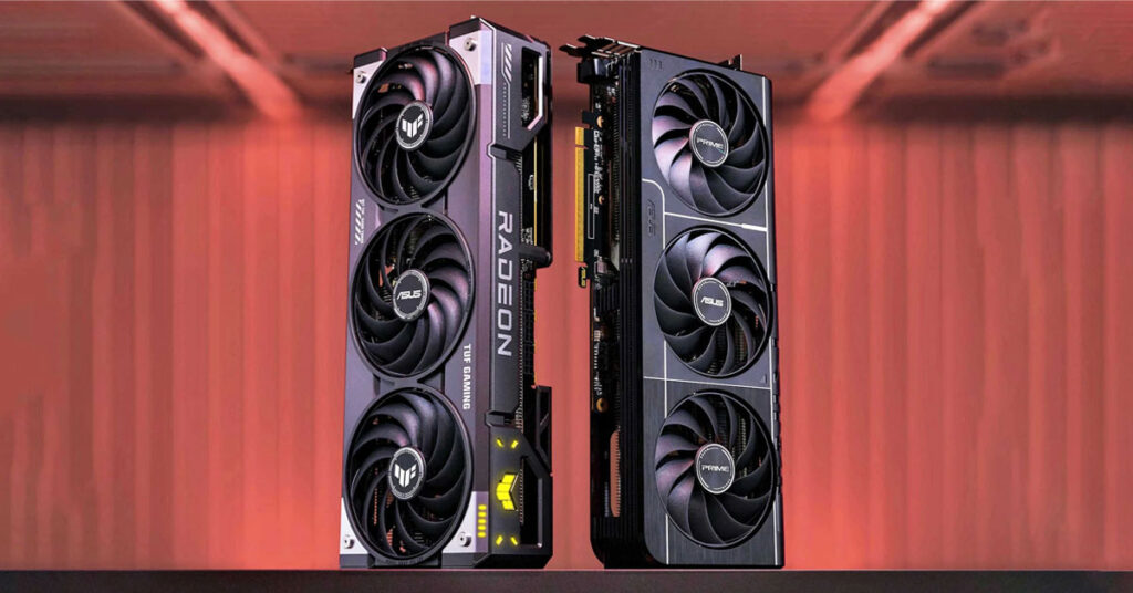 Dos tarjetas gráficas Radeon, una con diseño negro y plateado y otra en tonos más oscuros, exhibidas sobre un fondo iluminado.