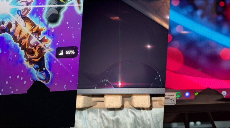 Pantallas de monitores con un lado mostrando un juego colorido, el centro con una grieta y a la derecha un fondo abstracto de luz.