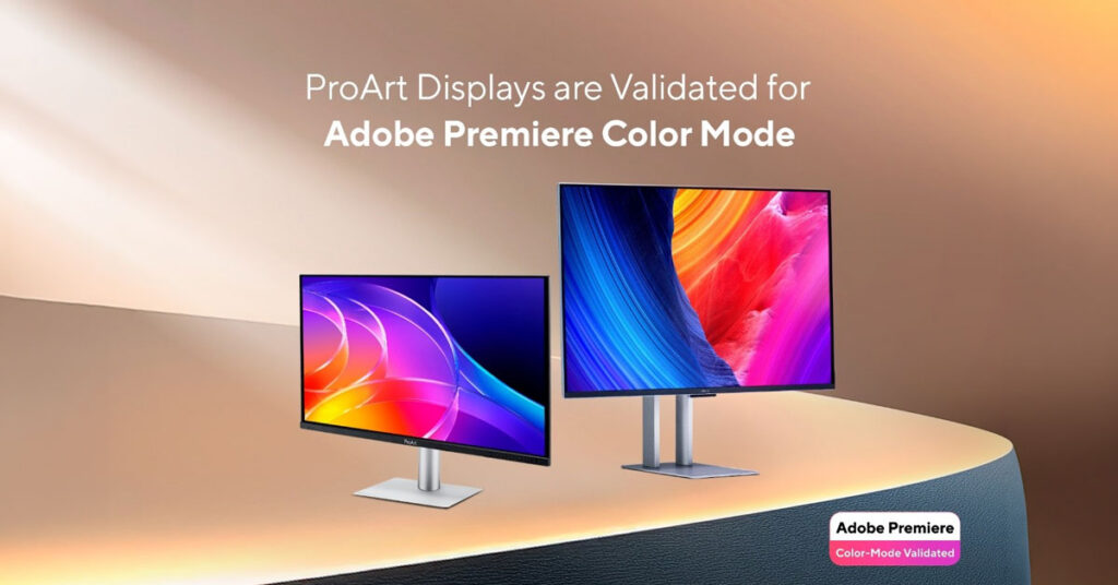 Monitores ProArt en un fondo suave, uno en formato vertical y otro en horizontal, con un distintivo de validación de Adobe Premiere.