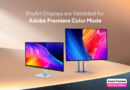 Monitores ProArt en un fondo suave, uno en formato vertical y otro en horizontal, con un distintivo de validación de Adobe Premiere.