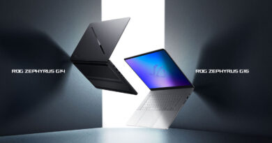 Dos laptops ROG Zephyrus, el G14 en negro y el G16 en blanco, flotan en un fondo minimalista con iluminación contrastante.
