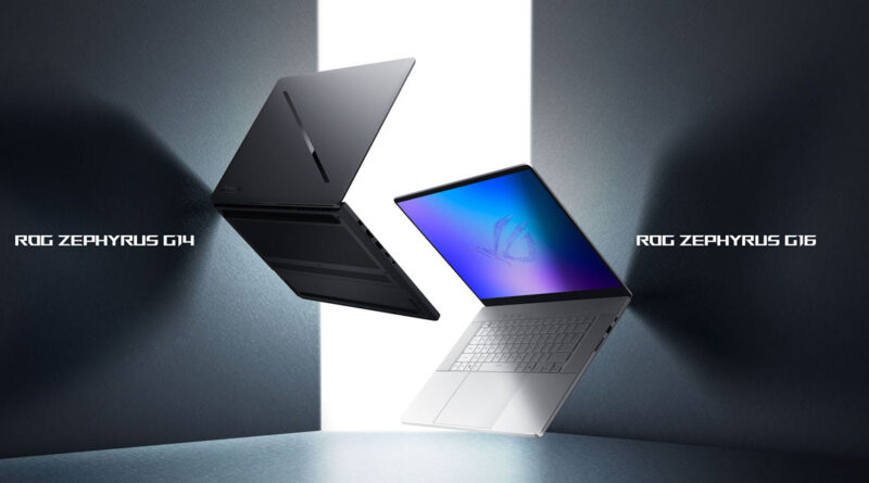 Dos laptops ROG Zephyrus, el G14 en negro y el G16 en blanco, flotan en un fondo minimalista con iluminación contrastante.