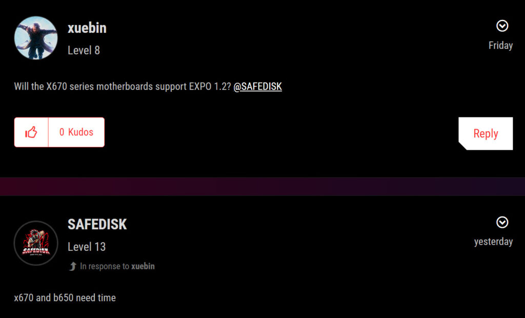 Interfaz de comentarios en un sitio web, con un fondo negro, mostrando mensajes de usuarios sobre soporte de placas X670 para EXPO 1.2.