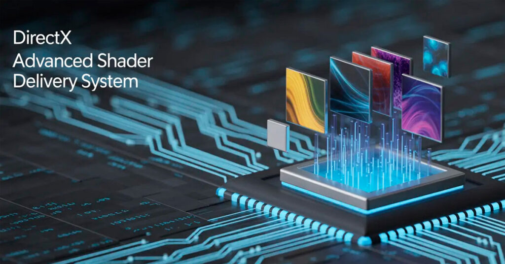 Sistema de entrega de sombreadores avanzados de DirectX, representado por gráficos coloridos emergiendo de un microchip sobre un fondo de circuitos.