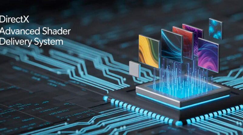 Sistema de entrega de sombreadores avanzados de DirectX, representado por gráficos coloridos emergiendo de un microchip sobre un fondo de circuitos.