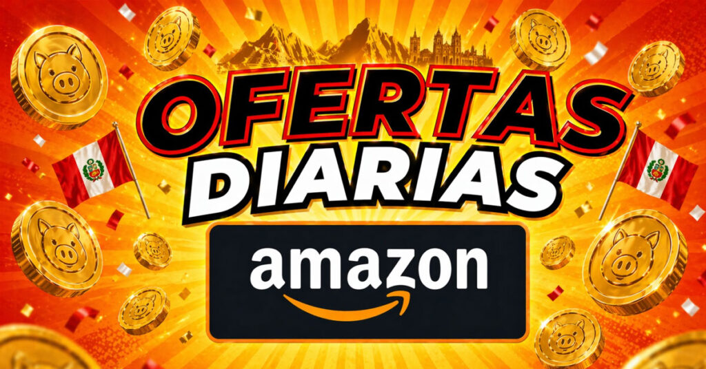 Fondo amarillo con monedas doradas y banderas peruanas; texto en negro resalta "Ofertas Diarias" y el logo de Amazon en el centro.