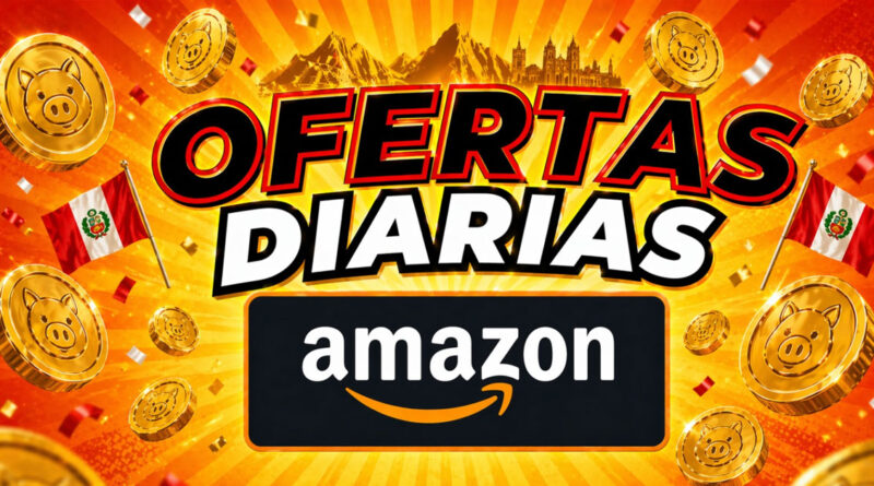 Fondo amarillo con monedas doradas y banderas peruanas; texto en negro resalta "Ofertas Diarias" y el logo de Amazon en el centro.