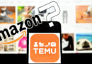 Un teléfono móvil muestra el logo de Temu en primer plano, con imágenes de productos de fondo y el logo de Amazon parcialmente visible.