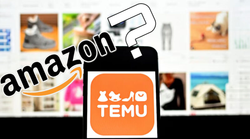 Un teléfono móvil muestra el logo de Temu en primer plano, con imágenes de productos de fondo y el logo de Amazon parcialmente visible.