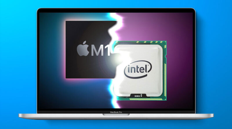 Laptop MacBook Pro con un procesador M1 en un lado y un chip Intel en el otro, sobre un fondo azul degradado.