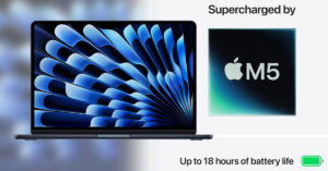 MacBook Air M5 con pantalla en tonos azules y un ícono de chip M5, destacando batería de hasta 18 horas de duración.