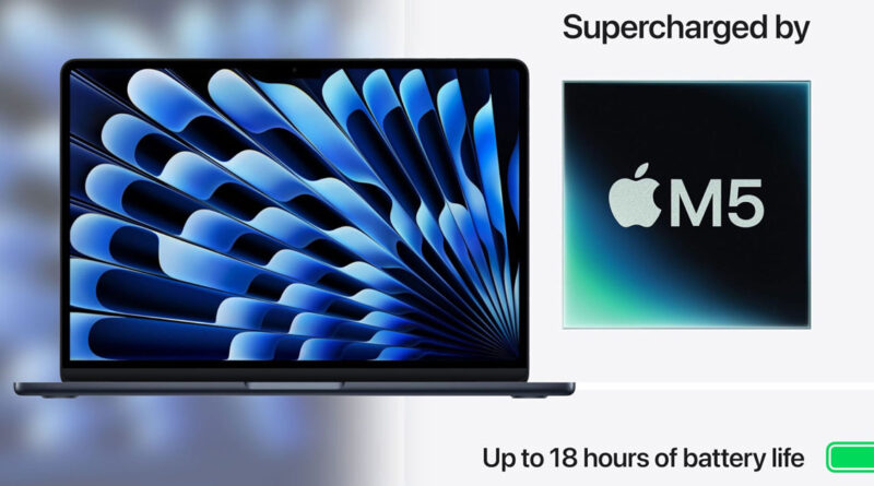 MacBook Air M5 con pantalla en tonos azules y un ícono de chip M5, destacando batería de hasta 18 horas de duración.