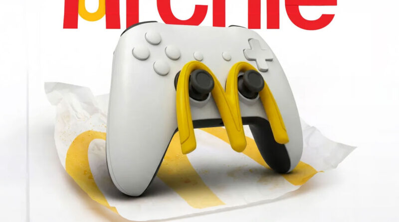 Controlador de videojuego blanco con ganchos amarillos sobre una servilleta arrugada, fondo sencillo con el nombre "Archie" en rojo.