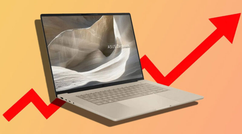 Laptop ASUS Zenbook sobre un fondo degradado amarillo y naranja, con una flecha roja ascendente que simboliza un aumento de precios.