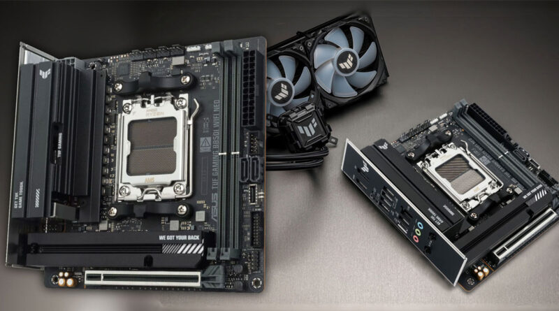 Placa madre Mini-ITX B850I en color negro con componentes de refrigeración, destacando su diseño robusto y conexiones múltiples.